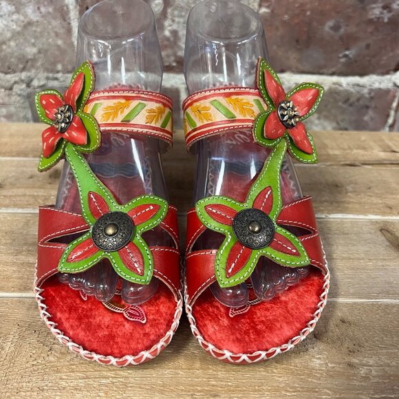 NIB Elite By Corkys 'Poppy' Red Leather Floral Heeled Sandal Sz 9 - Picture 2 of 13